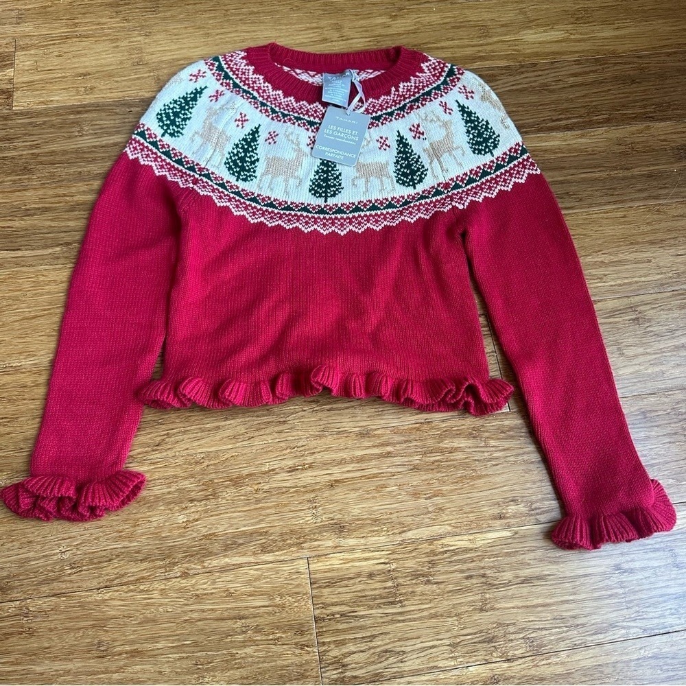 NWT TAHARI Girls Small‎ Red Holiday Ruffle Sweater with Christmas Festive Design
